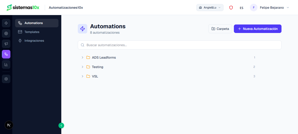 Sistemas 10x Â· 8 automatizaciones organizadas en carpetas ADS Leadforms, Testing y VSL