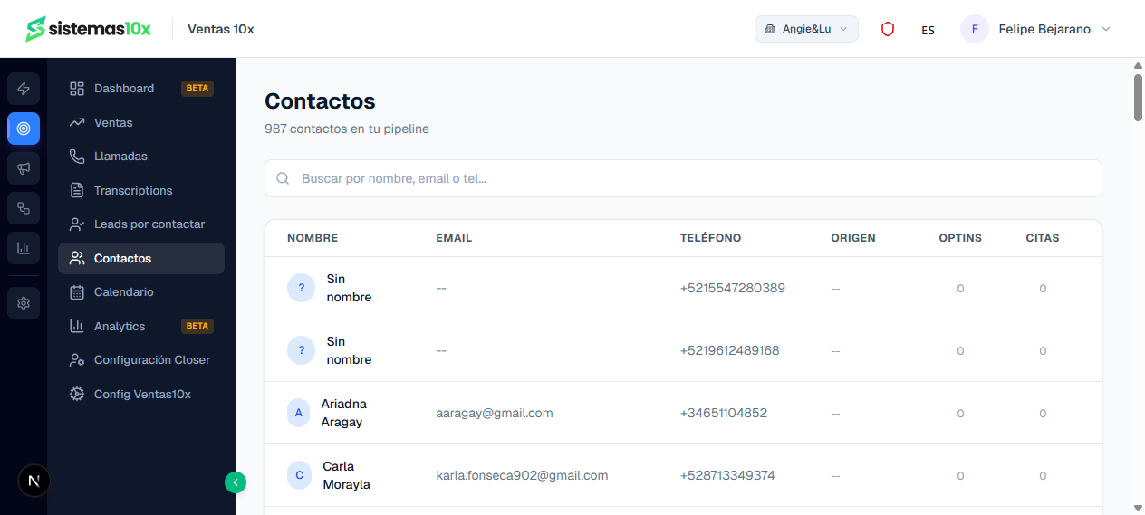 Sistemas 10x Â· Contactos del setter con 987 leads en pipeline