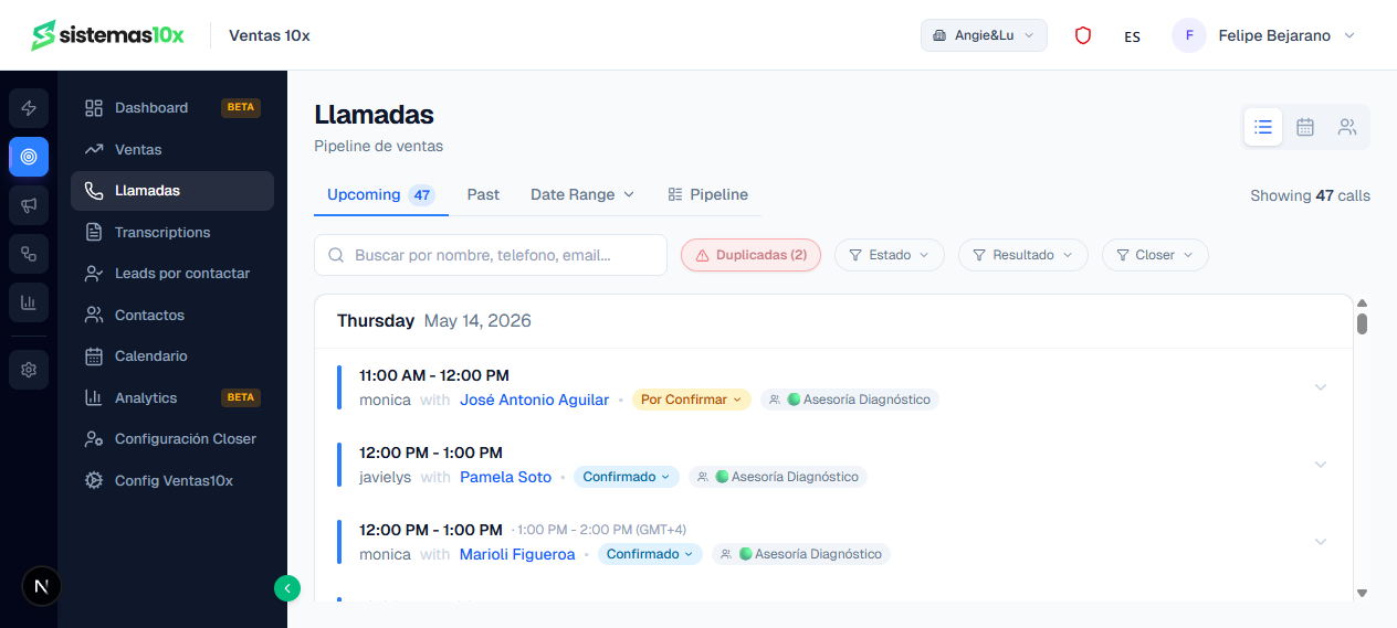 Sistemas 10x Â· 47 llamadas agendadas en pipeline de ventas